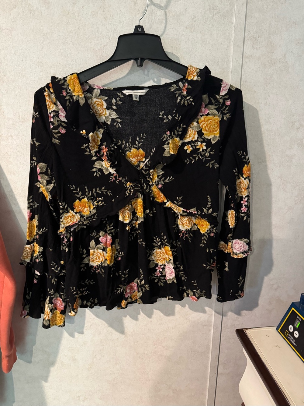American Eagle Outfitters Black Floral Ruffle V-Neck Blouse